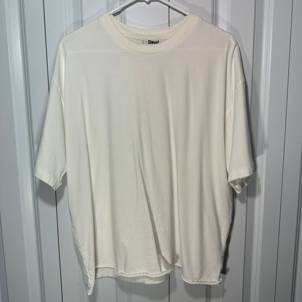 Elwood Overszied Core Tee Shirt M Off White Distressed Raw Hem Organic Cotton